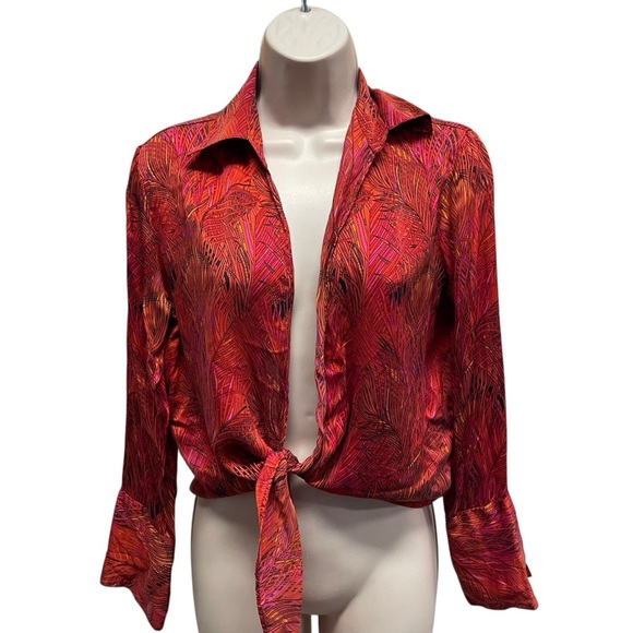 Vintage Cache women’s tie front silk blouse 70s feather print size medium - Picture 1 of 9